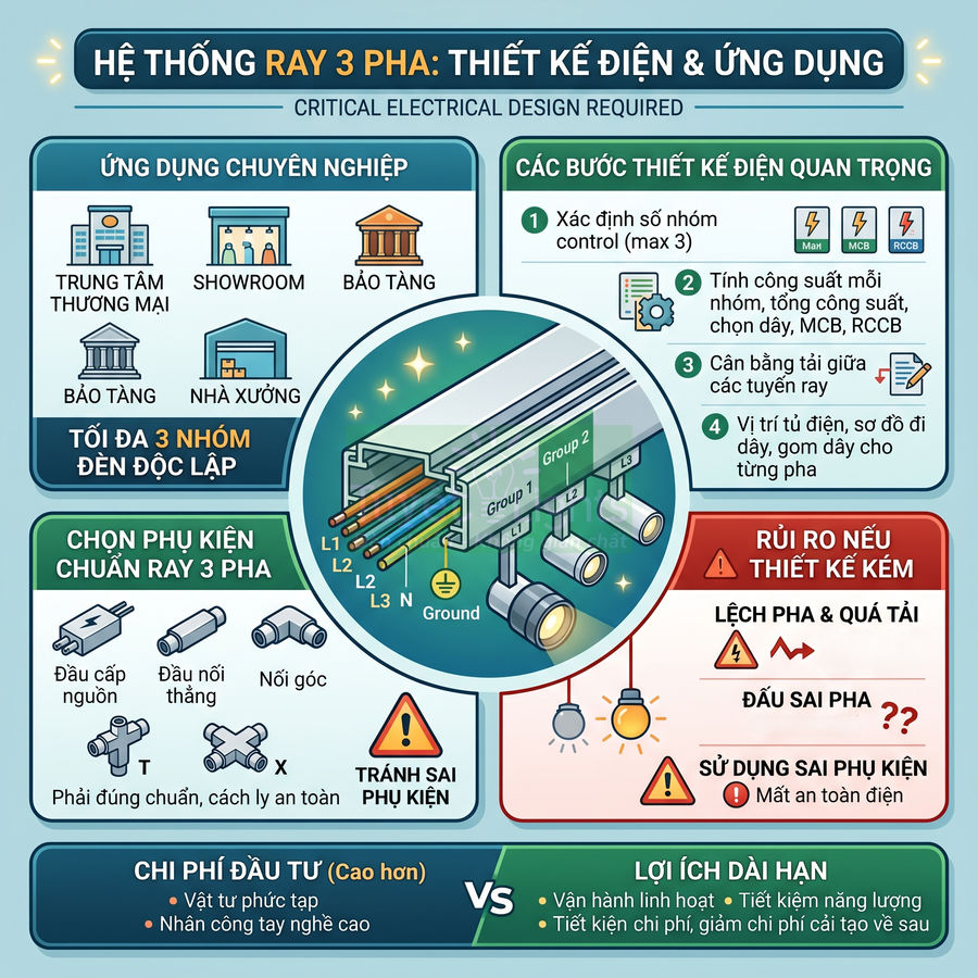Infographic hệ thống ray 3 pha cho chiếu sáng chuyên nghiệp, cấu tạo dây dẫn, phụ kiện và lưu ý thiết kế an toàn