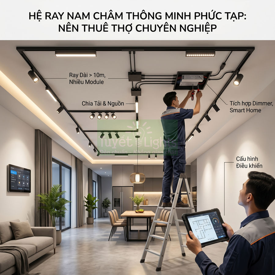 Lắp đặt hệ ray đèn nam châm thông minh trong phòng khách bếp hiện đại, kỹ thuật viên cấu hình điều khiển trên máy tính bảng