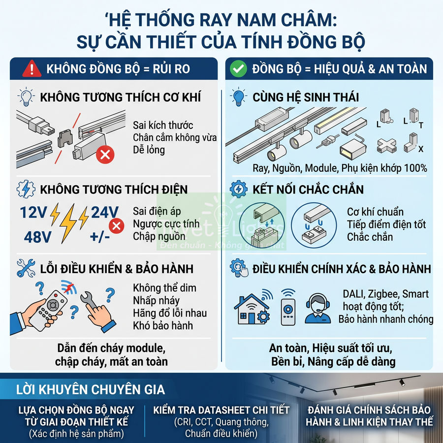Infographic hệ thống ray nam châm chiếu sáng, so sánh rủi ro khi không đồng bộ và lợi ích khi dùng đồng bộ ray, nguồn, module