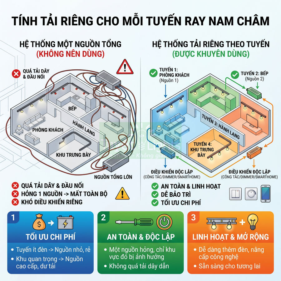 Sơ đồ so sánh hệ thống điện ray nam châm dùng một nguồn tổng và hệ thống tải riêng cho từng tuyến