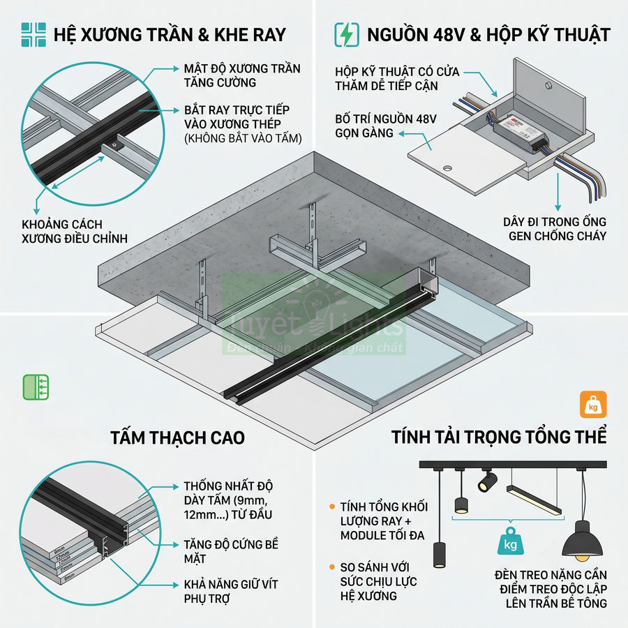 Cấu tạo trần thạch cao tích hợp khe ray đèn 48V âm trần, hệ xương thép và hộp kỹ thuật đi dây an toàn