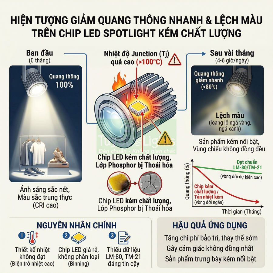 Infographic về hiện tượng giảm quang thông và lệch màu trên đèn LED spotlight dùng chip kém chất lượng