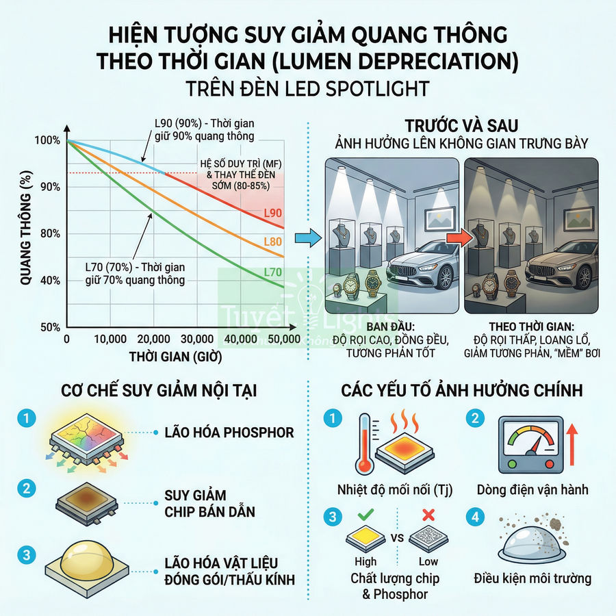 Infographic suy giảm quang thông theo thời gian của đèn LED spotlight và các yếu tố ảnh hưởng chất lượng chiếu sáng