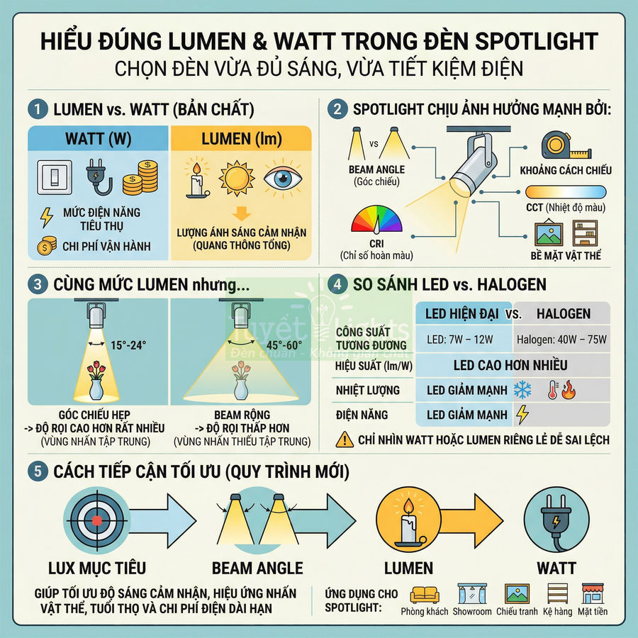 So sánh lumen và watt trong đèn spotlight
