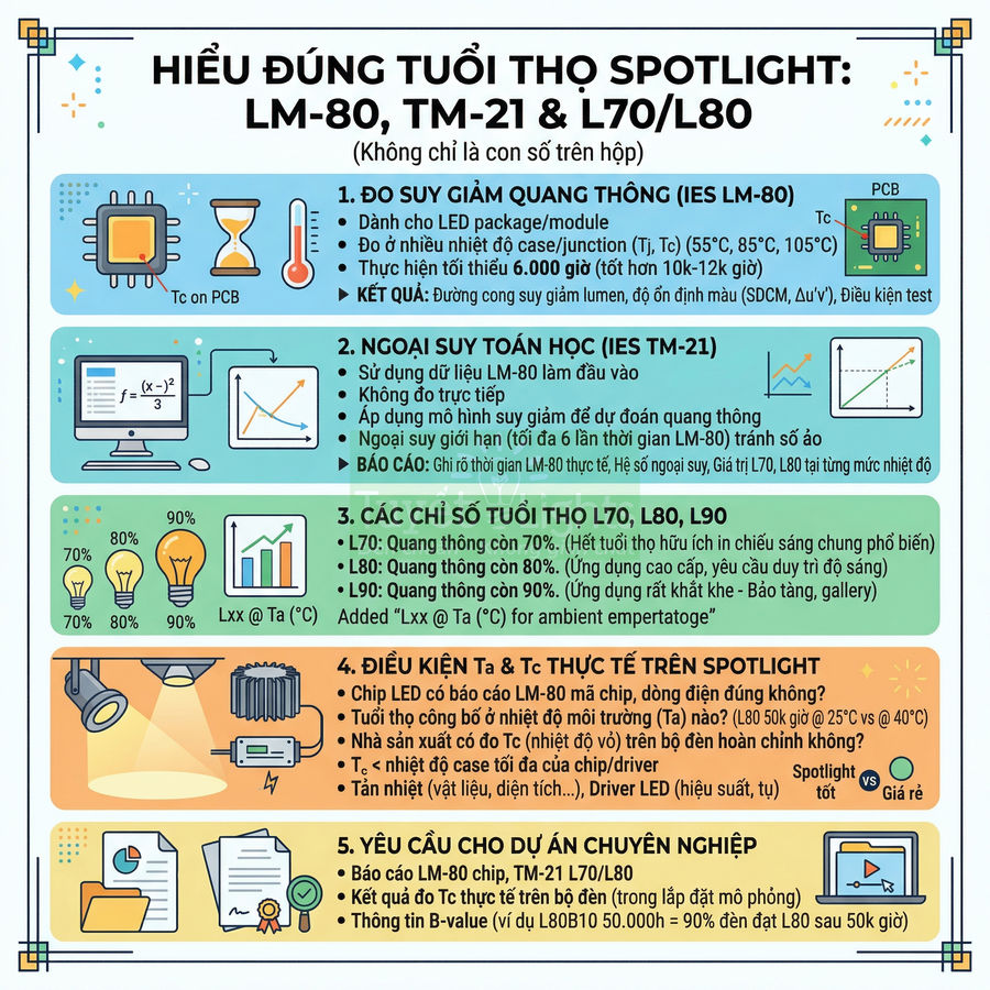 Infographic hướng dẫn hiểu đúng tuổi thọ đèn LED spotlight theo tiêu chuẩn LM-80, TM-21 và các chỉ số L70 L80 L90
