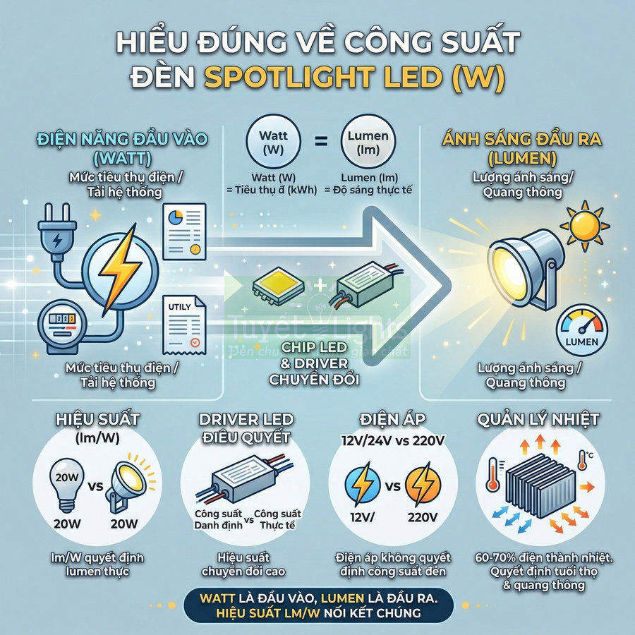 Infographic giải thích công suất đèn spotlight LED, mối liên hệ giữa watt, lumen, hiệu suất và quản lý nhiệt