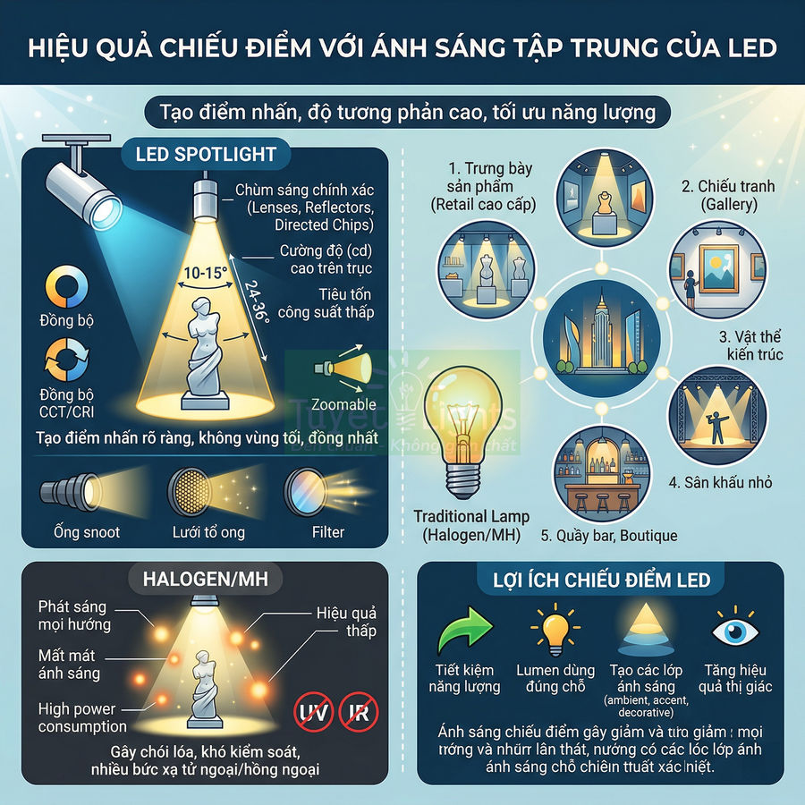 Infographic so sánh đèn LED spotlight và đèn halogen, nêu ưu điểm chiếu điểm và ứng dụng chiếu sáng trưng bày