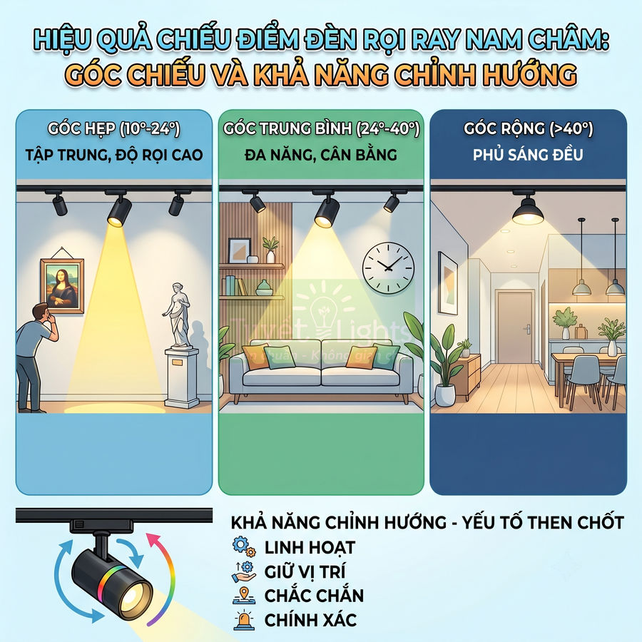 So sánh hiệu quả chiếu sáng đèn rọi ray nam châm với các góc chiếu hẹp trung bình rộng trong không gian nội thất