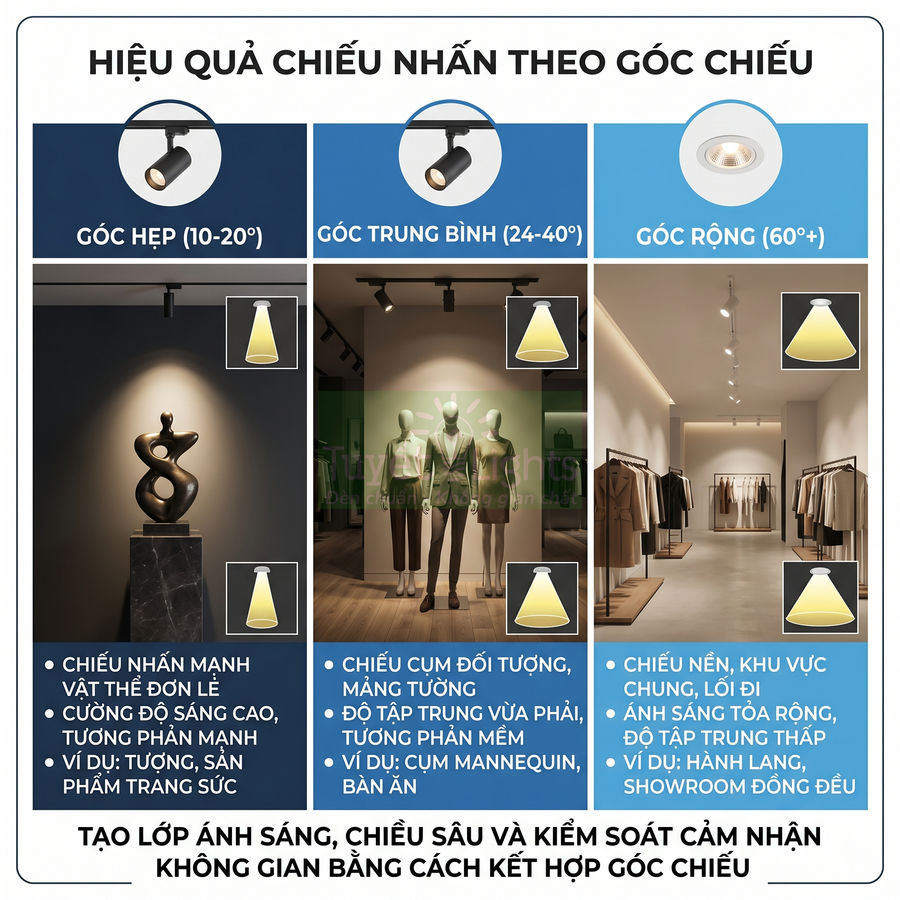 So sánh hiệu quả chiếu sáng đèn rọi ray góc hẹp, trung bình và rộng trong không gian trưng bày thời trang