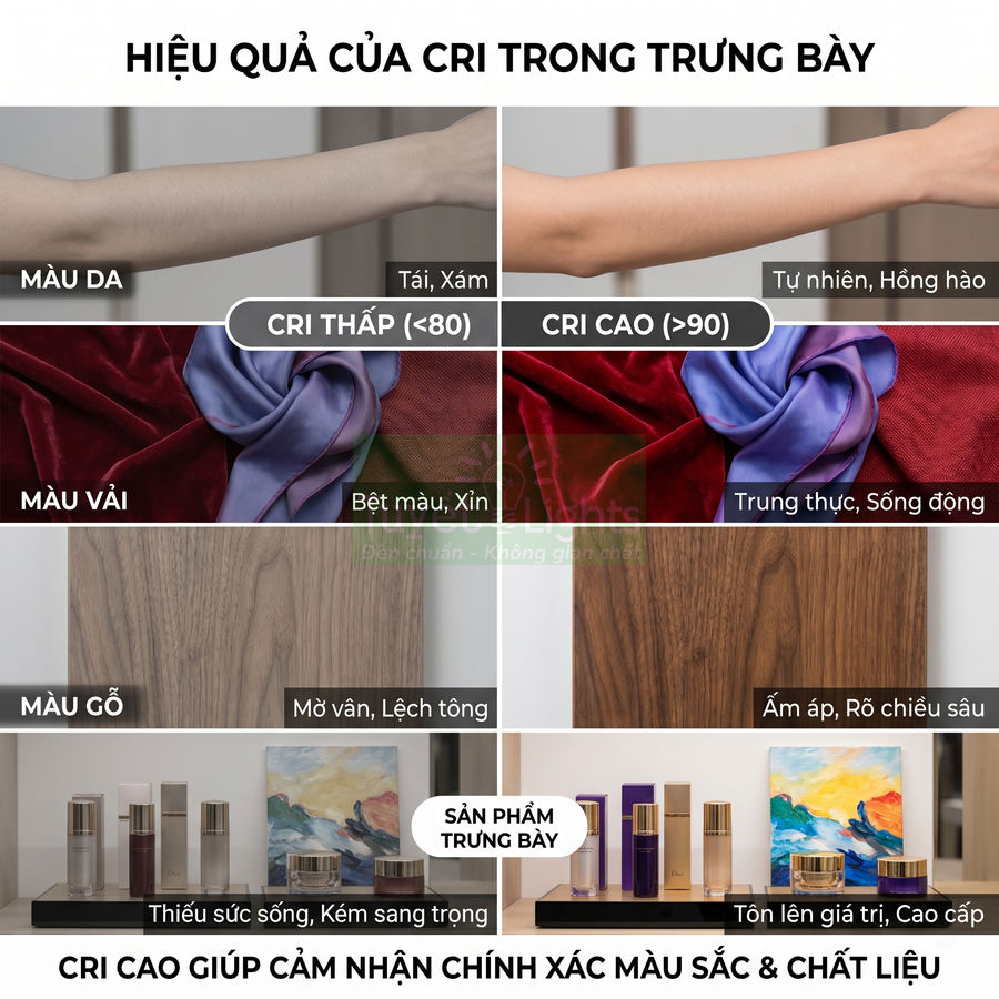 So sánh ánh sáng CRI thấp và CRI cao cho da, vải, gỗ và sản phẩm trưng bày trong tủ kệ