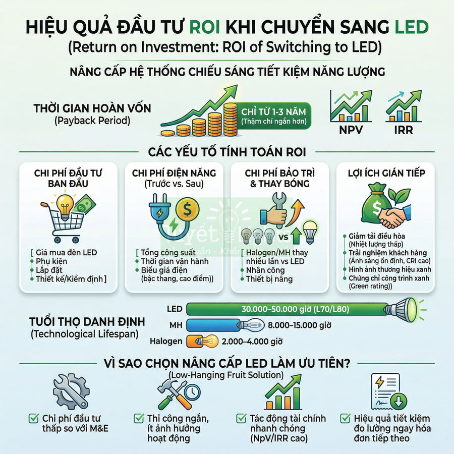 Infographic phân tích hiệu quả đầu tư ROI khi chuyển sang hệ thống chiếu sáng LED tiết kiệm năng lượng