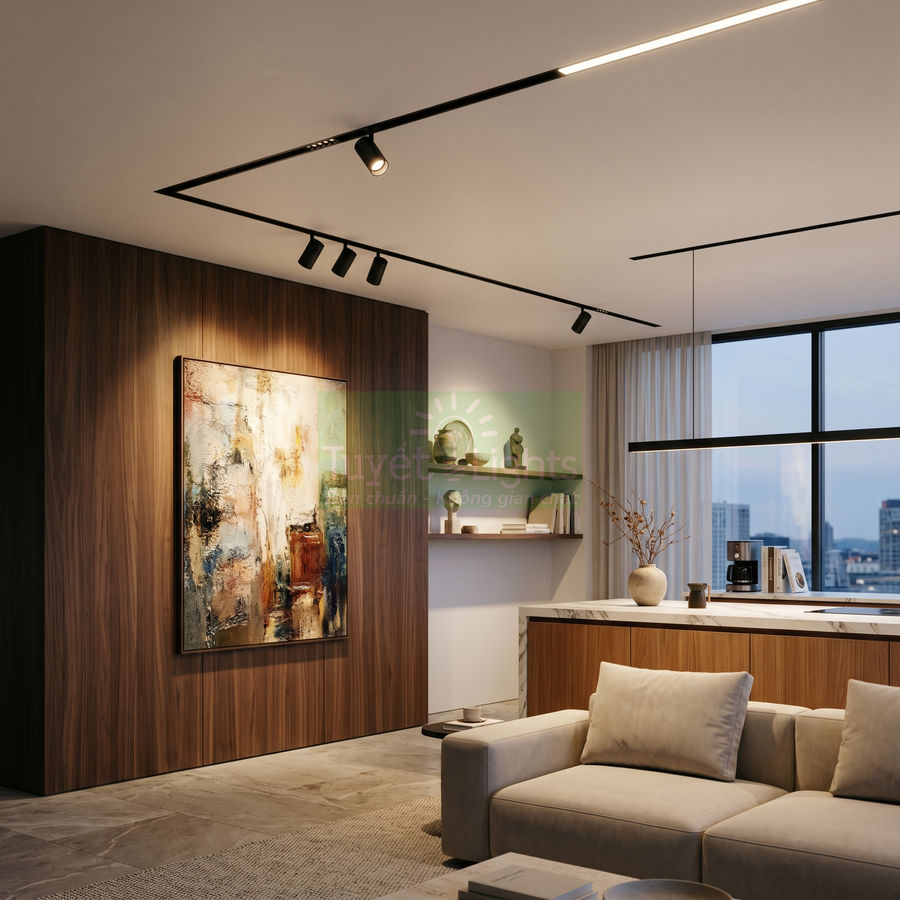 Đèn rọi ray trần hiện đại chiếu sáng phòng khách sang trọng với tranh treo tường và sofa màu be