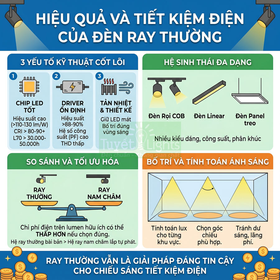 Infographic giới thiệu ưu điểm tiết kiệm điện và hiệu quả chiếu sáng của đèn ray LED thường