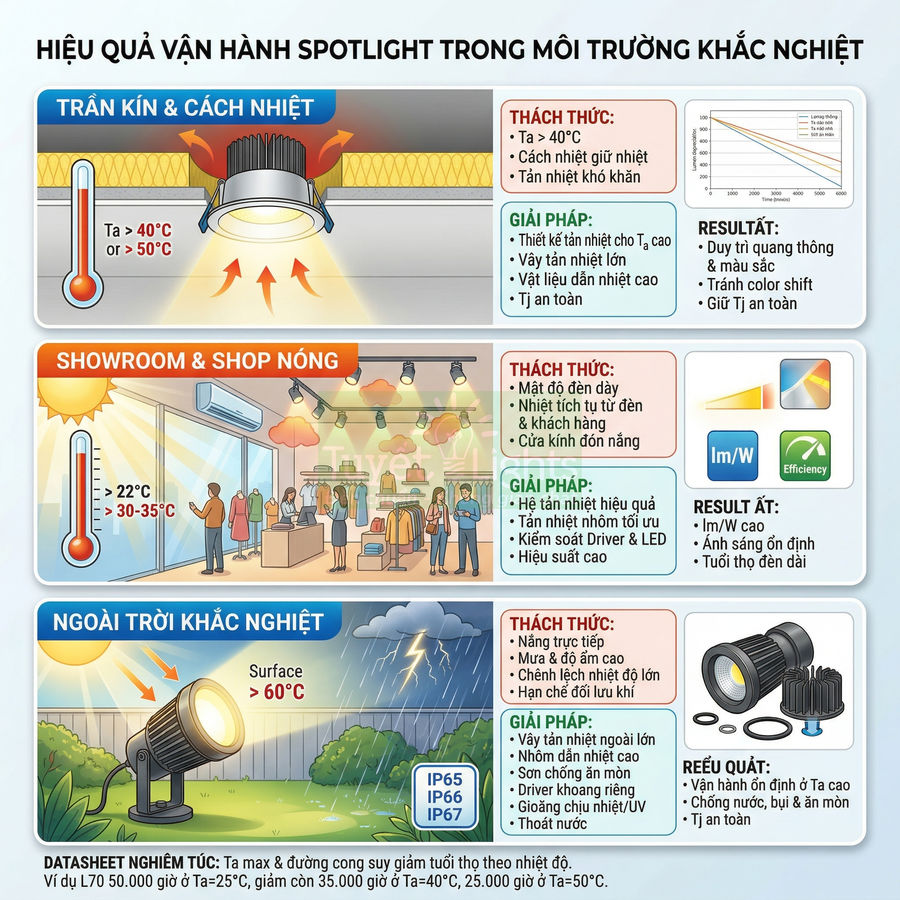 Infographic spotlight LED chiếu sáng trần, showroom và ngoài trời khắc nghiệt với giải pháp tản nhiệt và chống nước IP65 IP66 IP67