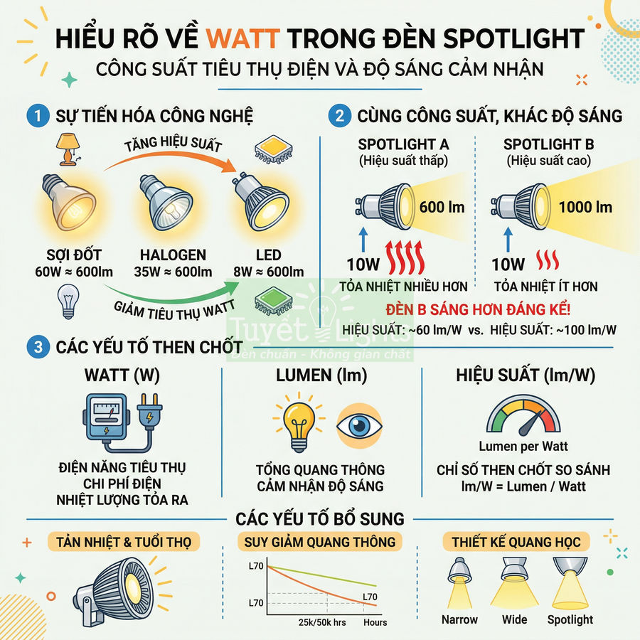 Infographic so sánh công suất watt, độ sáng và hiệu suất của các loại đèn spotlight LED, halogen và sợi đốt