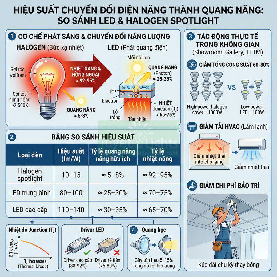 Infographic so sánh hiệu suất đèn LED và đèn halogen spotlight về chuyển đổi điện năng thành quang năng