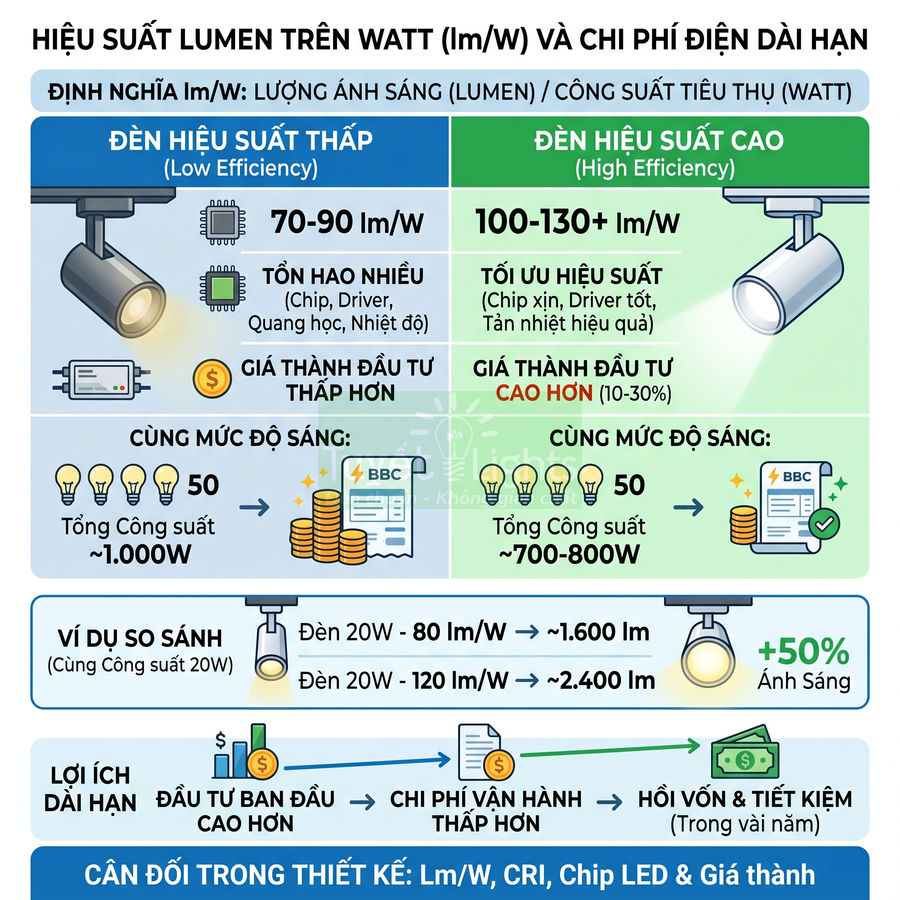So sánh đèn LED hiệu suất thấp và cao về lumen trên watt và chi phí điện năng dài hạn