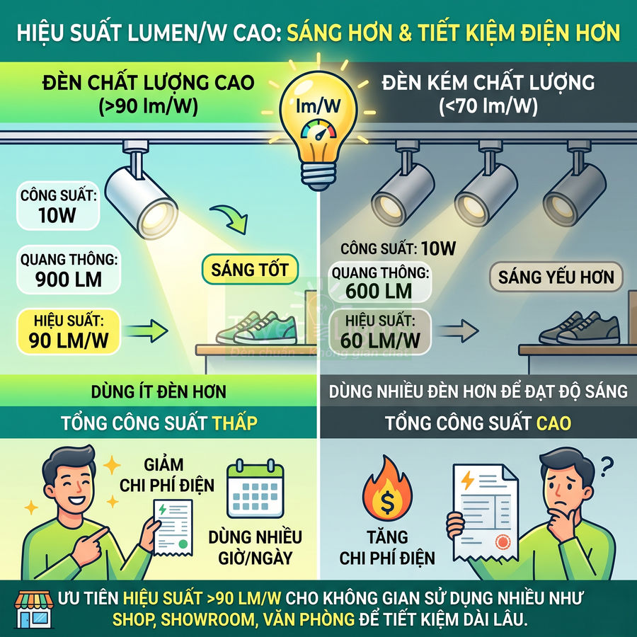 So sánh đèn LED hiệu suất cao và đèn kém chất lượng về độ sáng và chi phí điện trong shop, showroom