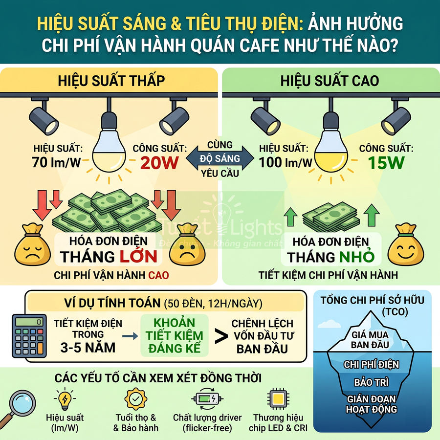 Infographic so sánh hiệu suất sáng và tiêu thụ điện của đèn LED cho quán cafe, nhấn mạnh tiết kiệm chi phí vận hành