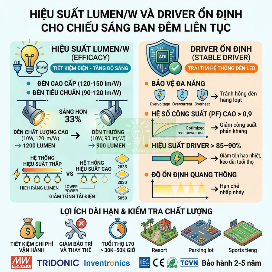 Infographic hiệu suất lumen trên watt và driver ổn định cho hệ thống đèn LED chiếu sáng ban đêm liên tục