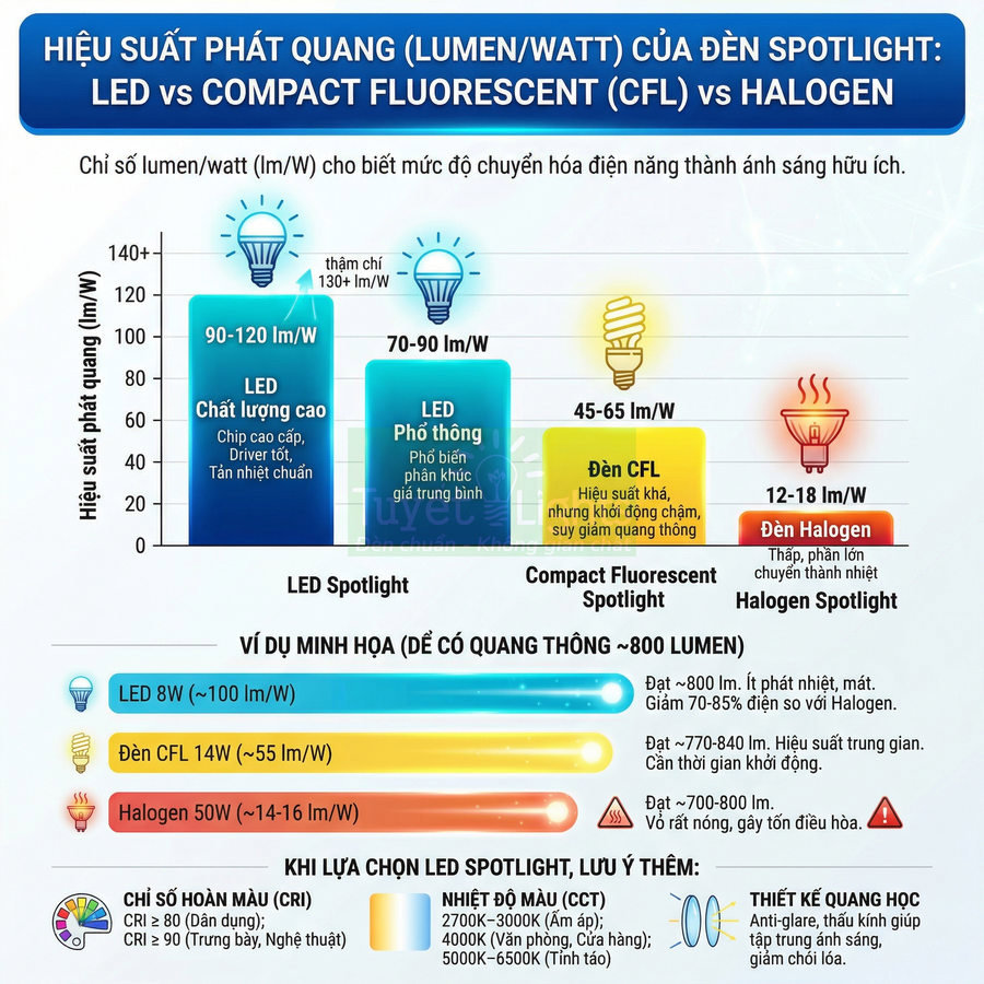 So sánh hiệu suất phát quang đèn LED spotlight, đèn CFL và đèn halogen, ưu điểm tiết kiệm điện của LED