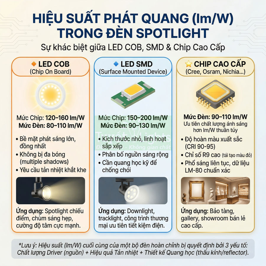 So sánh hiệu suất phát quang đèn spotlight LED COB, LED SMD và chip LED cao cấp cho chiếu sáng nội thất