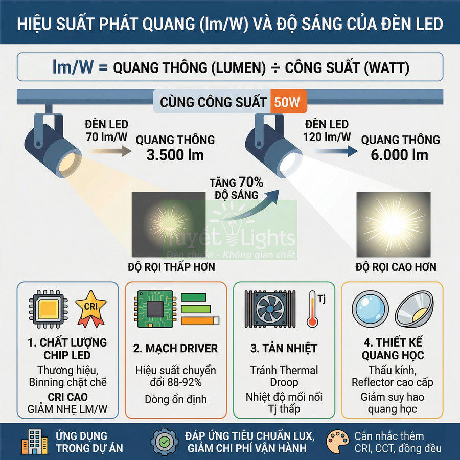 So sánh hiệu suất phát quang và độ sáng của hai đèn LED 50W với quang thông và thiết kế khác nhau
