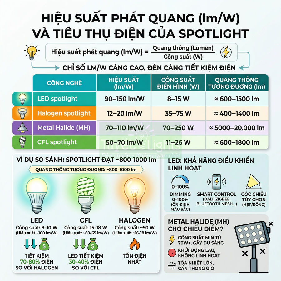 Bảng so sánh hiệu suất phát quang và điện năng tiêu thụ của đèn LED spotlight, halogen, metal halide và CFL