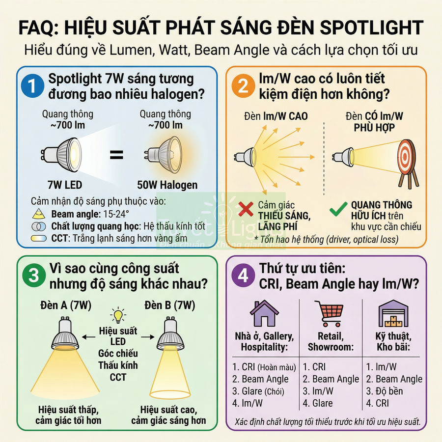Infographic hướng dẫn chọn đèn spotlight LED 7W so sánh với halogen về lumen, hiệu suất và góc chiếu