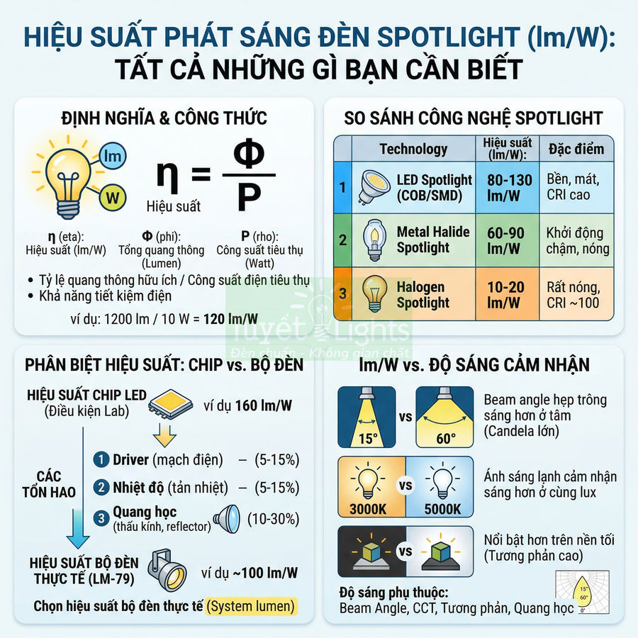 Infographic hiệu suất phát sáng đèn spotlight LED so sánh với halogen và metal halide, giải thích lmW và các yếu tố tiết kiệm điện