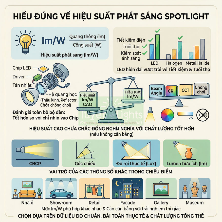 Hiệu suất phát sáng của đèn spotlight là gì?