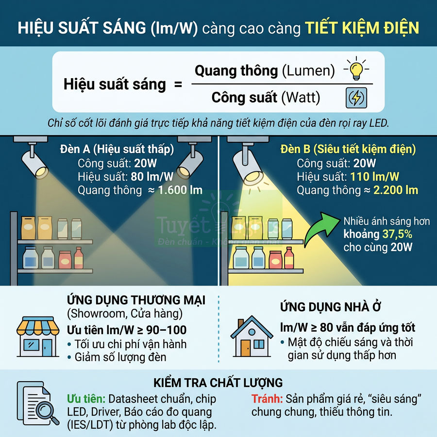 Infographic so sánh hiệu suất sáng đèn LED rọi ray 20W tiết kiệm điện cho cửa hàng và nhà ở