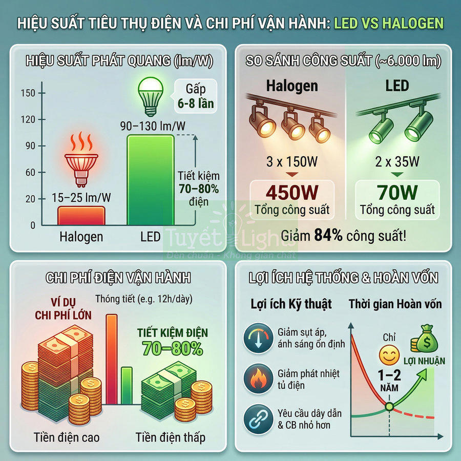 Infographic so sánh đèn LED và đèn halogen về hiệu suất, công suất, chi phí điện và lợi ích tiết kiệm