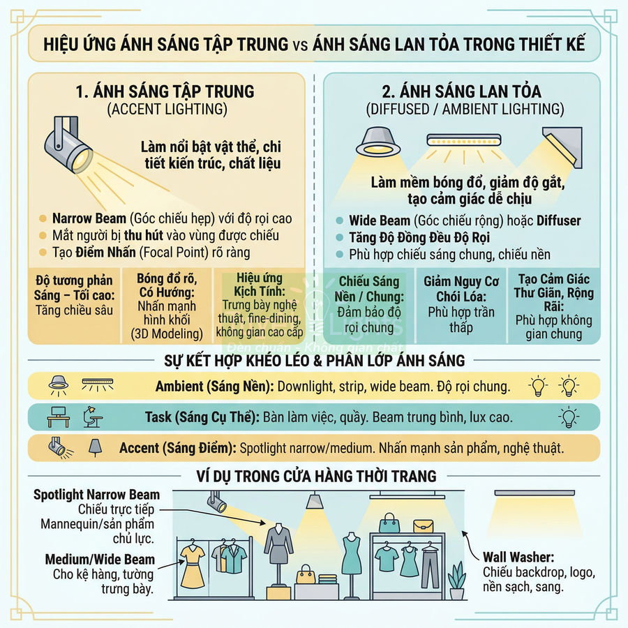 Infographic so sánh ánh sáng tập trung và ánh sáng lan tỏa trong thiết kế nội thất cửa hàng thời trang