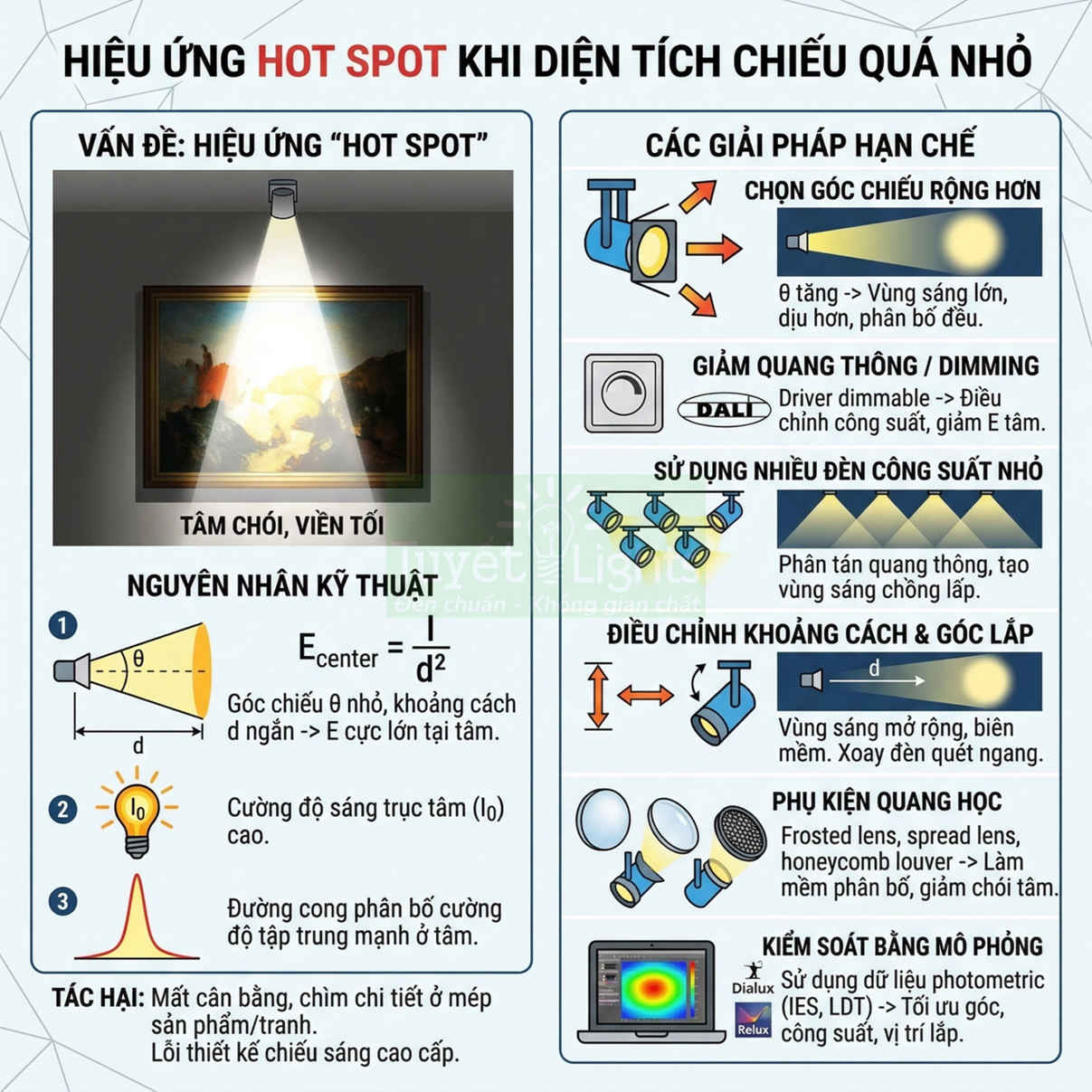 Hướng dẫn xử lý hiệu ứng hot spot khi chiếu đèn LED lên tranh với các giải pháp điều chỉnh góc và công suất chiếu