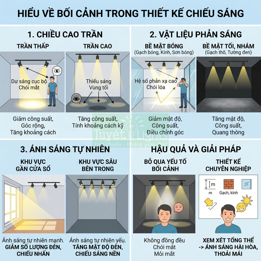 Minh họa các yếu tố bối cảnh trong thiết kế chiếu sáng phòng với ví dụ về trần, vật liệu và ánh sáng tự nhiên