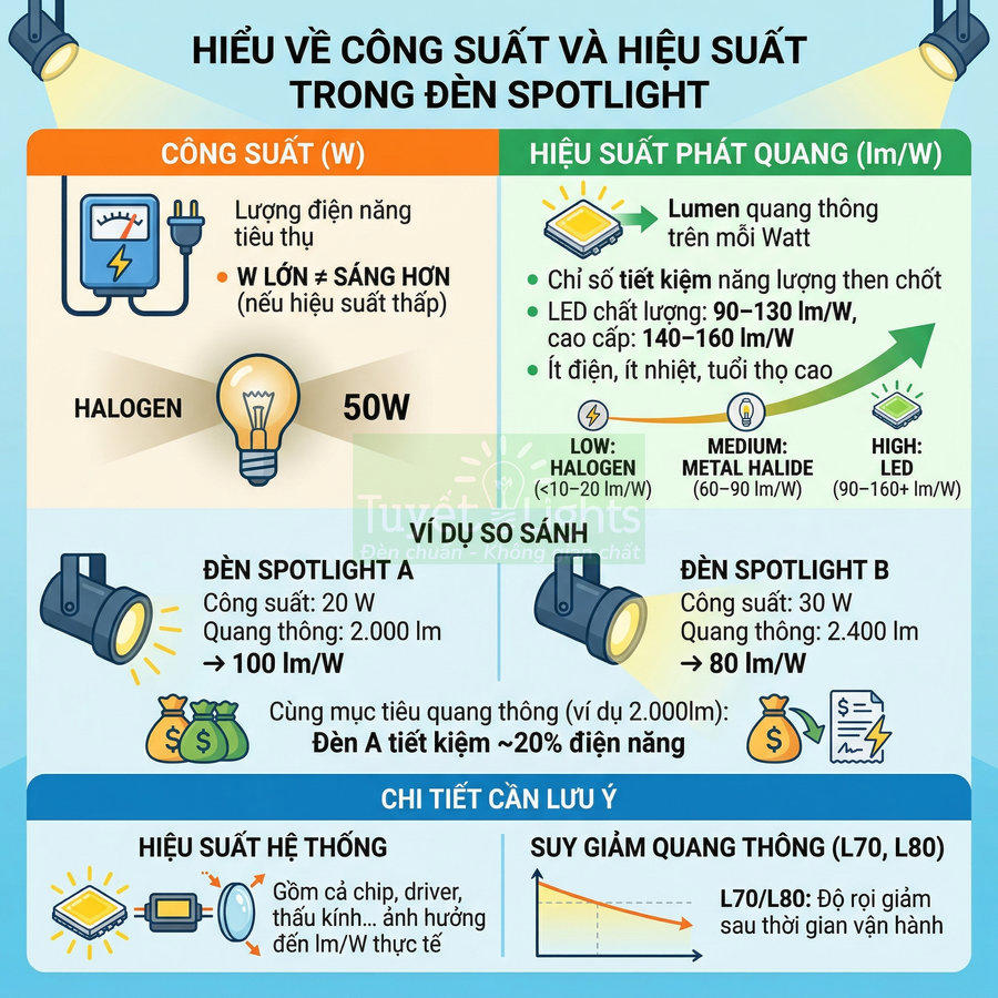 Infographic so sánh công suất và hiệu suất phát quang của đèn spotlight LED và halogen