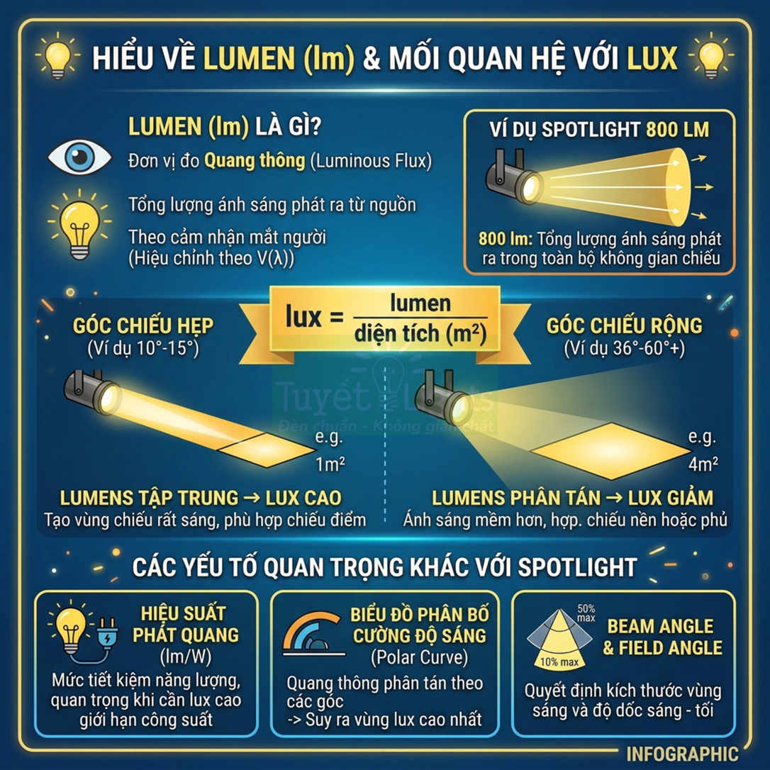 Infographic giải thích lumen và lux, góc chiếu hẹp rộng và các yếu tố quan trọng khi chọn đèn spotlight