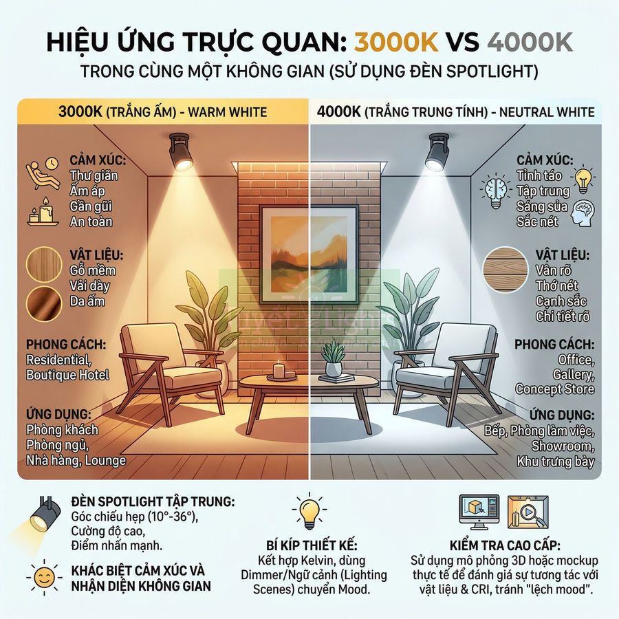 So sánh ánh sáng đèn spotlight 3000K và 4000K trong phòng khách với ghế sofa, cây xanh và tranh treo tường