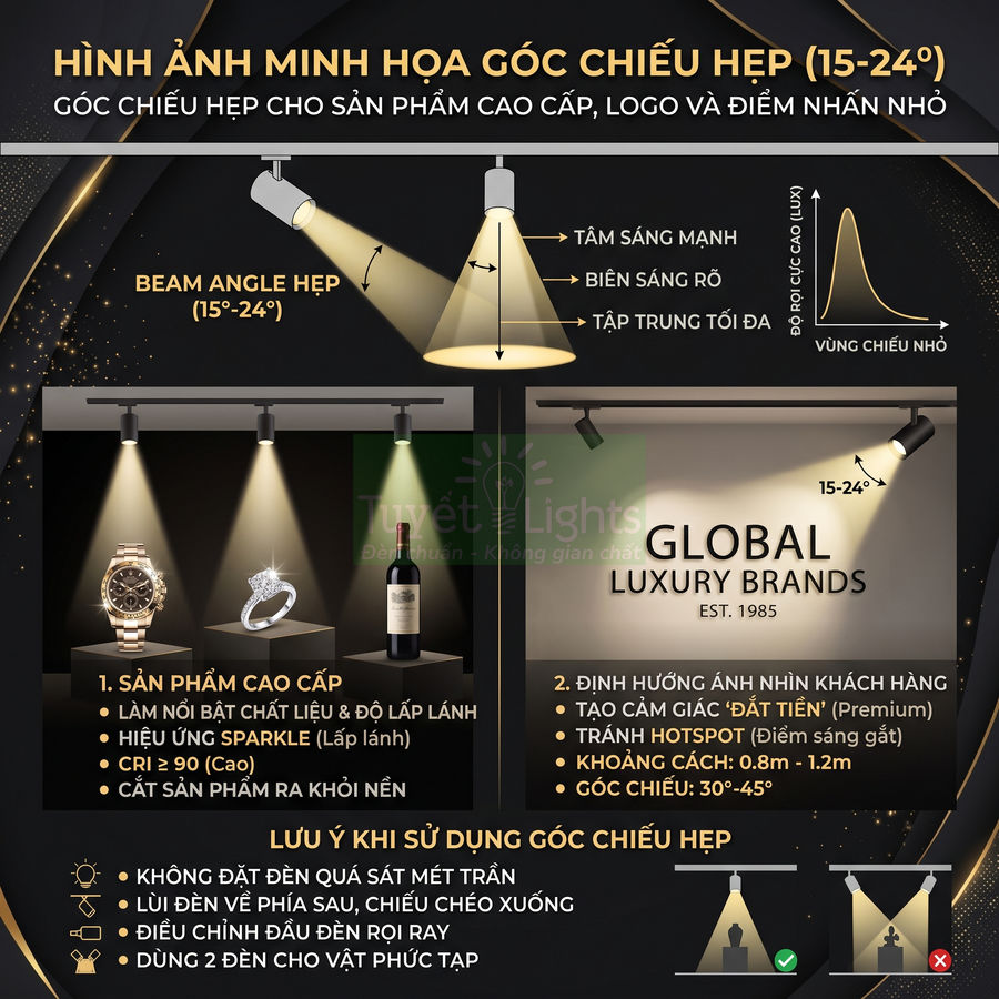Đèn rọi ray góc chiếu hẹp 15 24 độ chiếu sáng đồng hồ nhẫn rượu vang và logo thương hiệu cao cấp