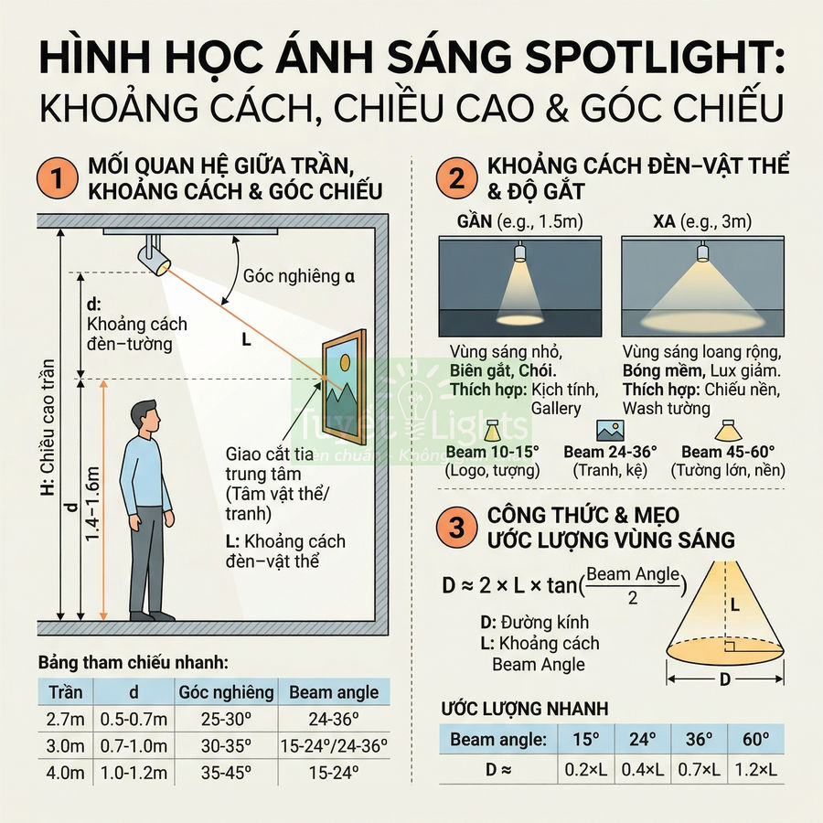 Hướng dẫn chọn khoảng cách, chiều cao và góc chiếu đèn spotlight để chiếu sáng tranh và tường