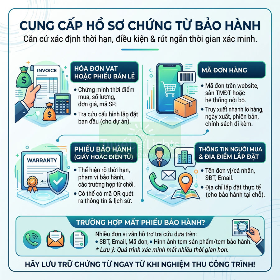 Hướng dẫn chuẩn bị hóa đơn, phiếu bảo hành, mã đơn hàng và thông tin khách hàng để làm hồ sơ bảo hành sản phẩm