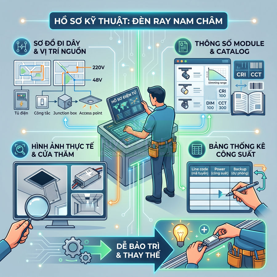 Kỹ thuật viên kiểm tra hồ sơ kỹ thuật và lắp đặt hệ thống đèn ray nam châm dễ bảo trì thay thế