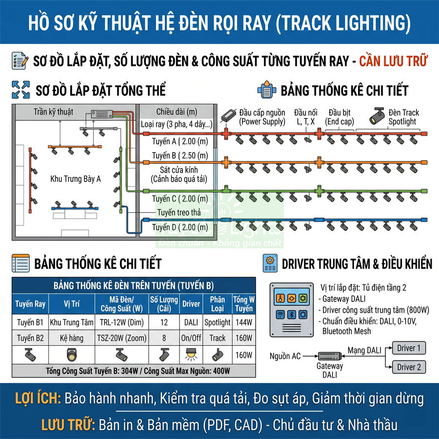 Sơ đồ kỹ thuật hệ đèn rọi ray track lighting cho khu trưng bày với thông số lắp đặt chi tiết