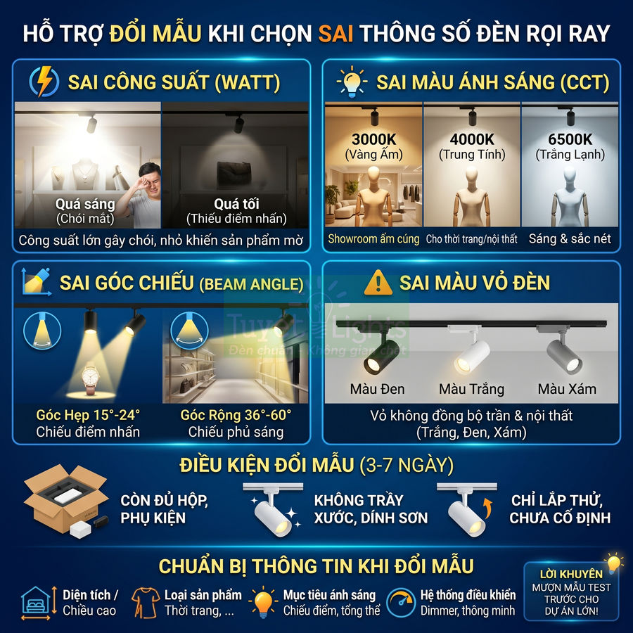 Hướng dẫn chọn đúng thông số đèn rọi ray về công suất, màu ánh sáng, góc chiếu và màu vỏ đèn