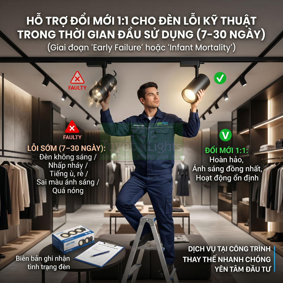 Kỹ thuật viên lắp đặt và kiểm tra đèn rọi ray LED Pro trong cửa hàng thời trang, dịch vụ đổi mới đèn lỗi sớm