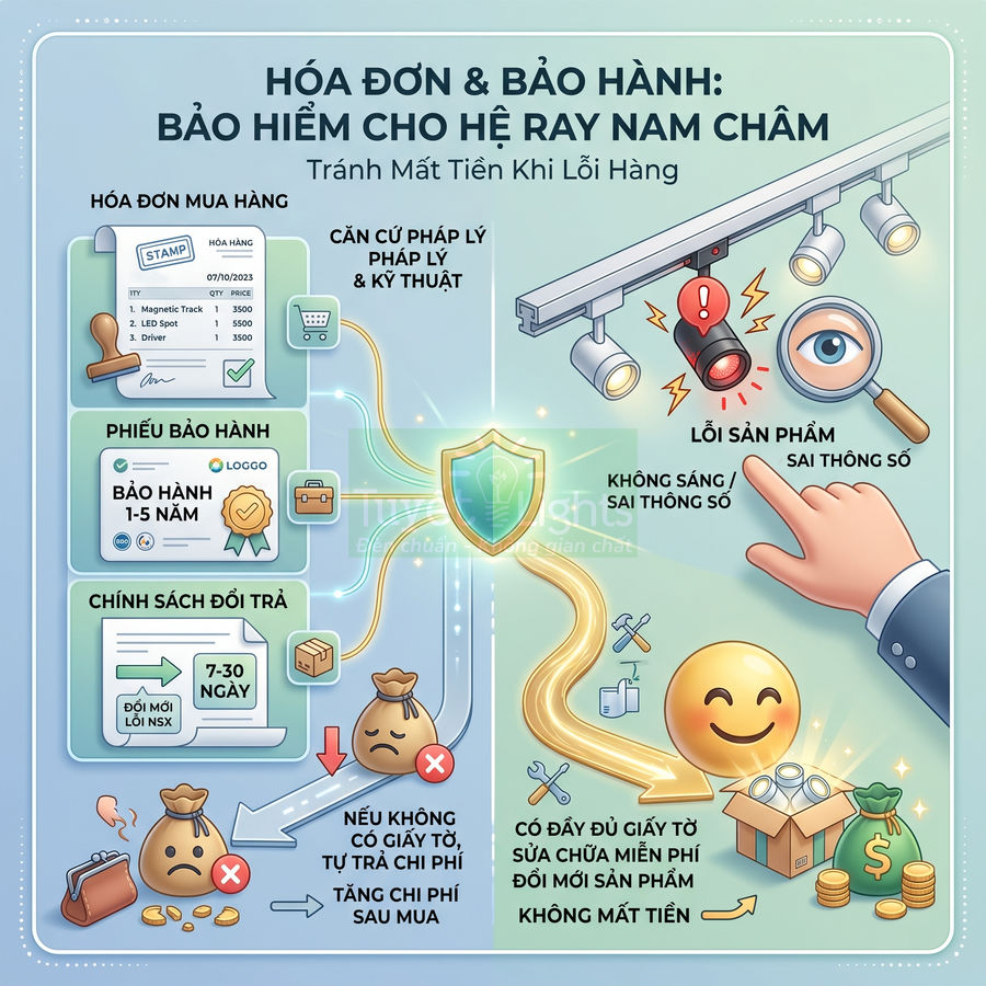 Infographic lợi ích hóa đơn và bảo hành khi mua hệ ray nam châm, giúp sửa chữa đổi mới miễn phí khi sản phẩm lỗi