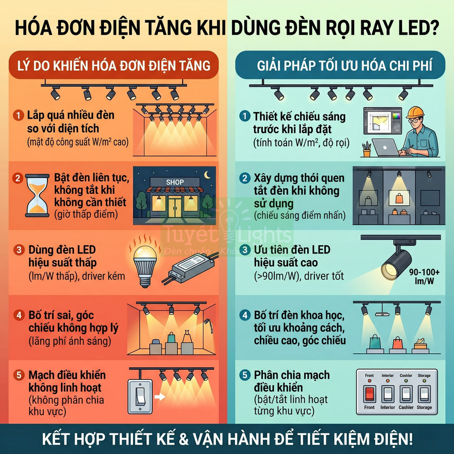 Infographic lý do hóa đơn điện tăng khi dùng đèn rọi ray LED và giải pháp tối ưu chi phí chiếu sáng