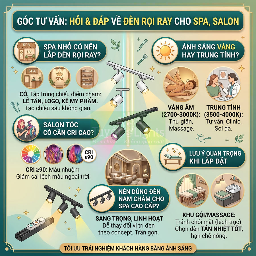 Infographic tư vấn chọn đèn rọi ray cho spa salon, so sánh ánh sáng vàng trung tính và gợi ý lắp đặt tối ưu