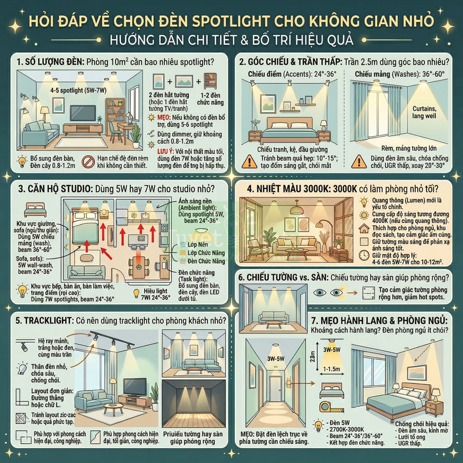 Hướng dẫn chọn và bố trí đèn spotlight, tracklight cho phòng khách, phòng ngủ và hành lang không gian nhỏ